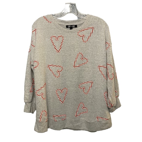 LOVE+LACE Womens Soft Stretch Studded Gray Sweater With Candy Cane Hearts Size L - Picture 1 of 14